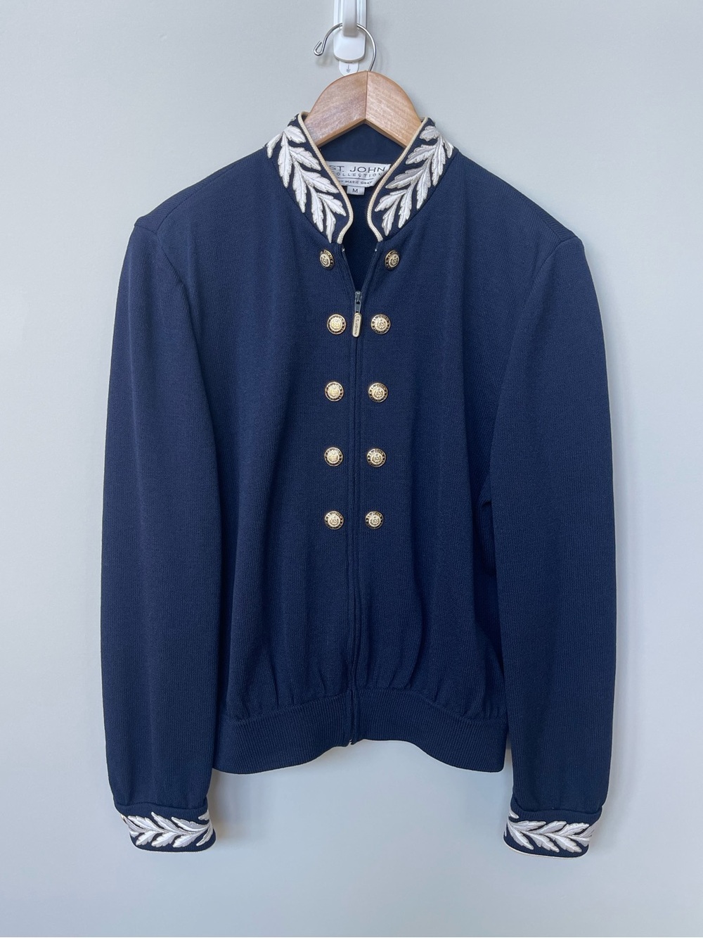 ST. JOHN | Navy Blue Embroidered Collar Gold Button Front Knit Full Zip Sweater
